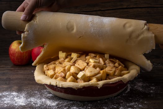 Pâte à tarte étalée au rouleau, prête à recouvrir une tarte aux pommes garnie de morceaux de pommes et de beurre.